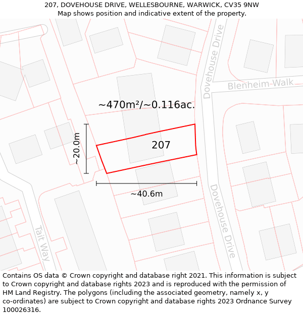 207, DOVEHOUSE DRIVE, WELLESBOURNE, WARWICK, CV35 9NW: Plot and title map