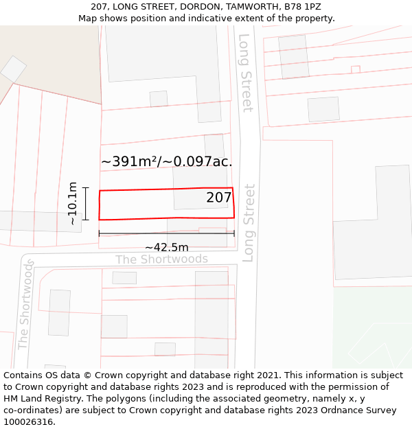 207, LONG STREET, DORDON, TAMWORTH, B78 1PZ: Plot and title map