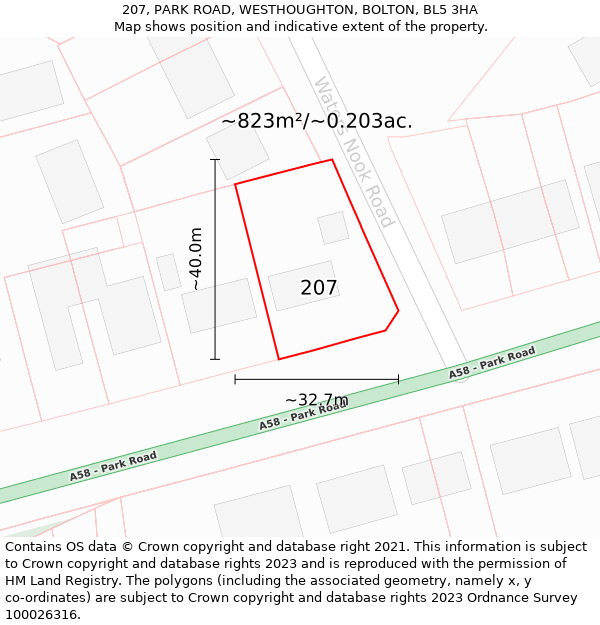 207, PARK ROAD, WESTHOUGHTON, BOLTON, BL5 3HA: Plot and title map