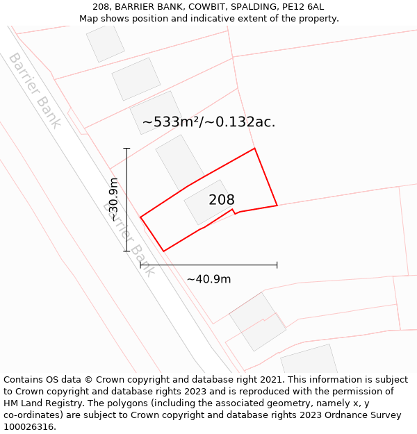 208, BARRIER BANK, COWBIT, SPALDING, PE12 6AL: Plot and title map