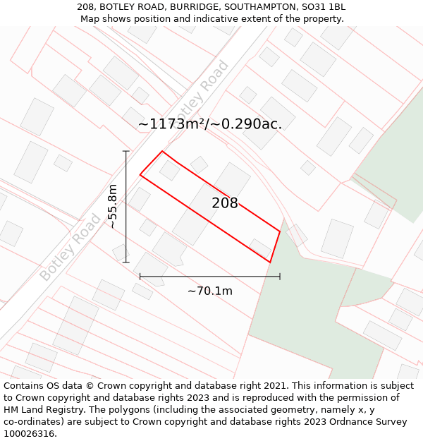 208, BOTLEY ROAD, BURRIDGE, SOUTHAMPTON, SO31 1BL: Plot and title map