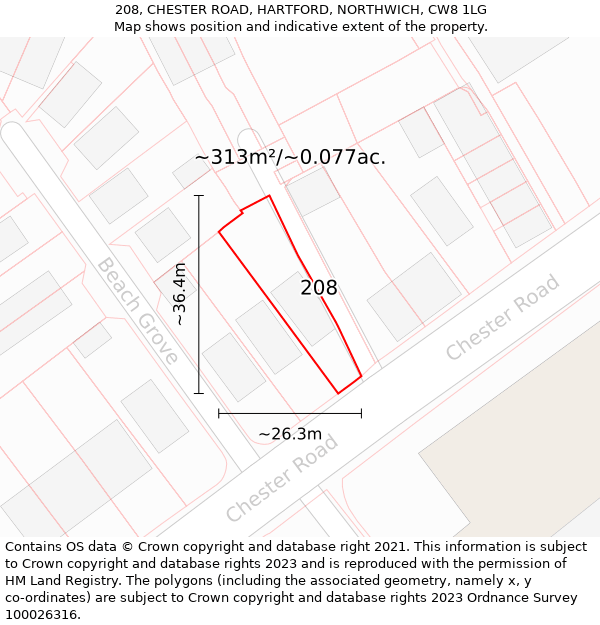 208, CHESTER ROAD, HARTFORD, NORTHWICH, CW8 1LG: Plot and title map