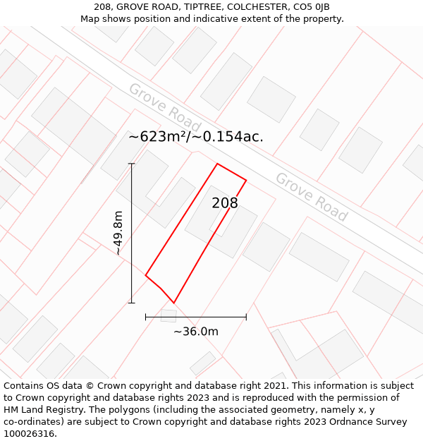 208, GROVE ROAD, TIPTREE, COLCHESTER, CO5 0JB: Plot and title map