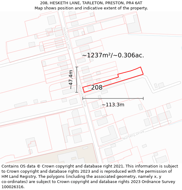 208, HESKETH LANE, TARLETON, PRESTON, PR4 6AT: Plot and title map