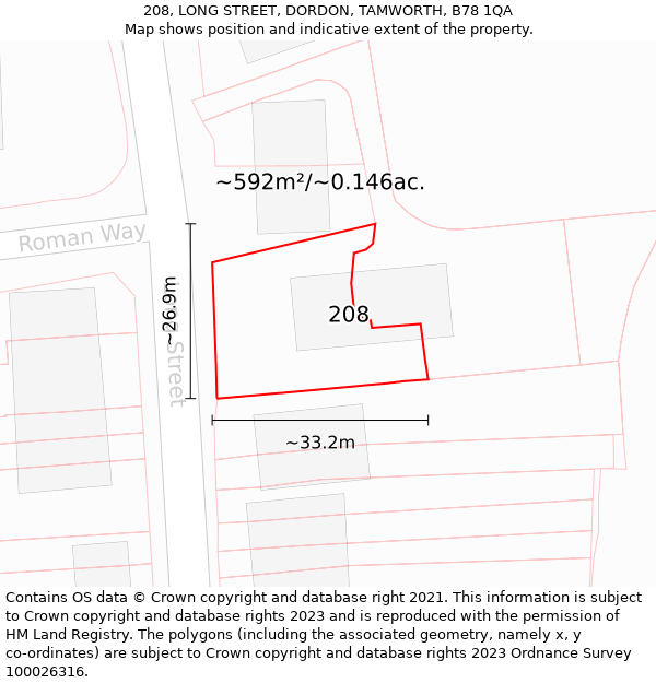 208, LONG STREET, DORDON, TAMWORTH, B78 1QA: Plot and title map