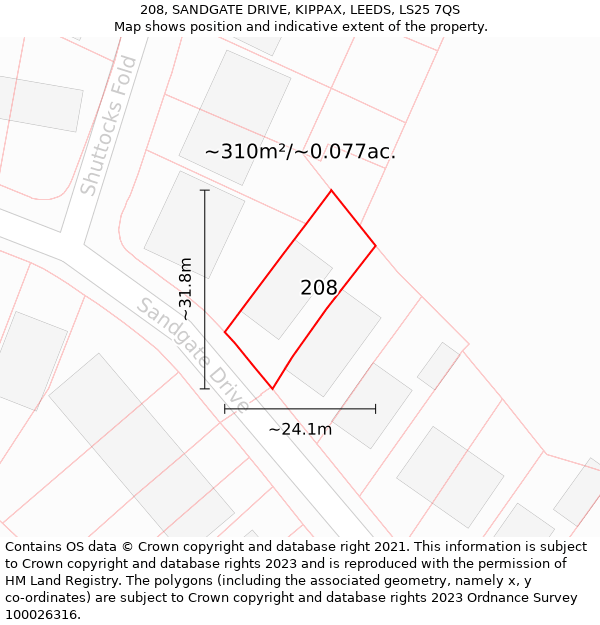 208, SANDGATE DRIVE, KIPPAX, LEEDS, LS25 7QS: Plot and title map