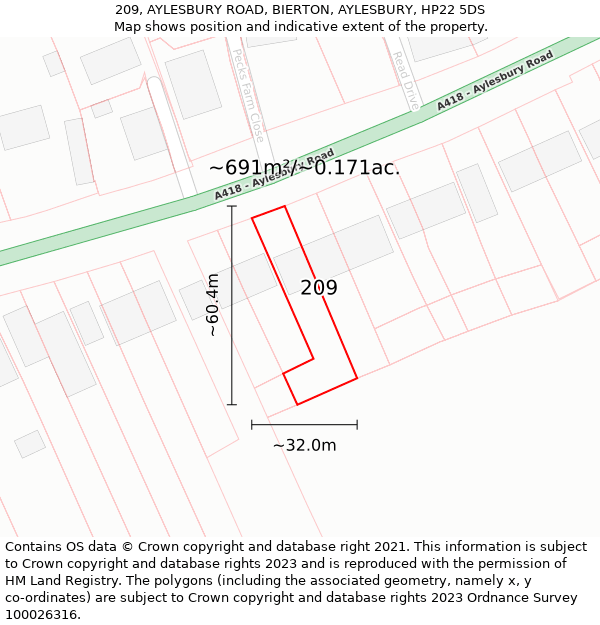 209, AYLESBURY ROAD, BIERTON, AYLESBURY, HP22 5DS: Plot and title map