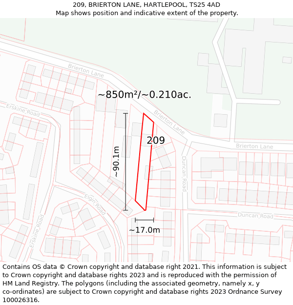 209, BRIERTON LANE, HARTLEPOOL, TS25 4AD: Plot and title map