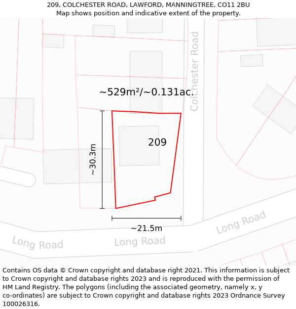 209, COLCHESTER ROAD, LAWFORD, MANNINGTREE, CO11 2BU: Plot and title map