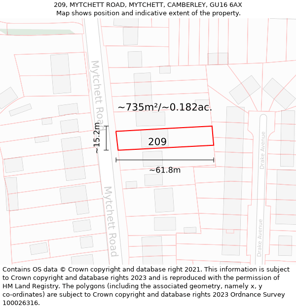 209, MYTCHETT ROAD, MYTCHETT, CAMBERLEY, GU16 6AX: Plot and title map