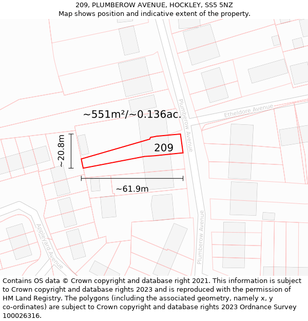 209, PLUMBEROW AVENUE, HOCKLEY, SS5 5NZ: Plot and title map