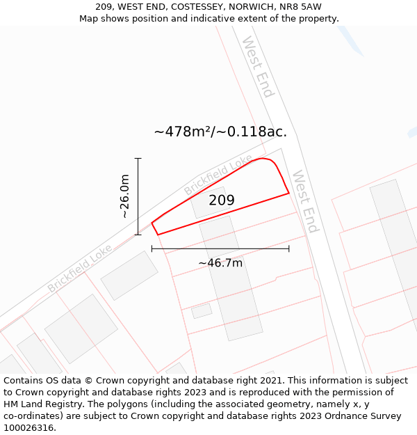 209, WEST END, COSTESSEY, NORWICH, NR8 5AW: Plot and title map