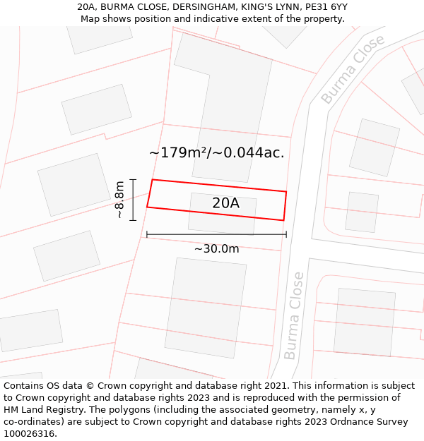 20A, BURMA CLOSE, DERSINGHAM, KING'S LYNN, PE31 6YY: Plot and title map