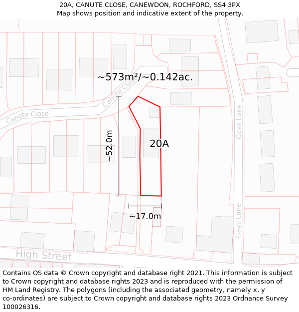 20A, CANUTE CLOSE, CANEWDON, ROCHFORD, SS4 3PX: Plot and title map