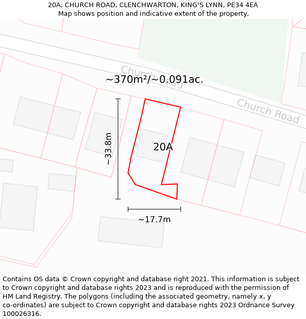 20A, CHURCH ROAD, CLENCHWARTON, KING'S LYNN, PE34 4EA: Plot and title map