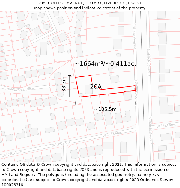 20A, COLLEGE AVENUE, FORMBY, LIVERPOOL, L37 3JL: Plot and title map