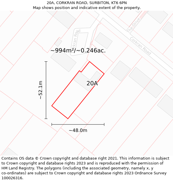 20A, CORKRAN ROAD, SURBITON, KT6 6PN: Plot and title map