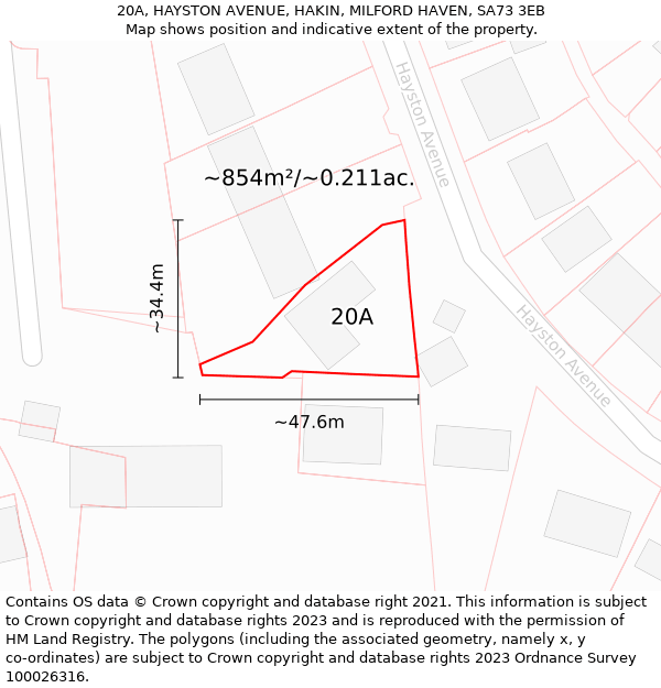 20A, HAYSTON AVENUE, HAKIN, MILFORD HAVEN, SA73 3EB: Plot and title map