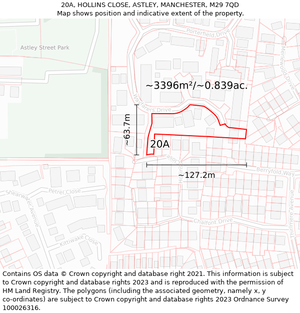 20A, HOLLINS CLOSE, ASTLEY, MANCHESTER, M29 7QD: Plot and title map