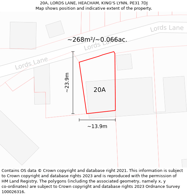 20A, LORDS LANE, HEACHAM, KING'S LYNN, PE31 7DJ: Plot and title map