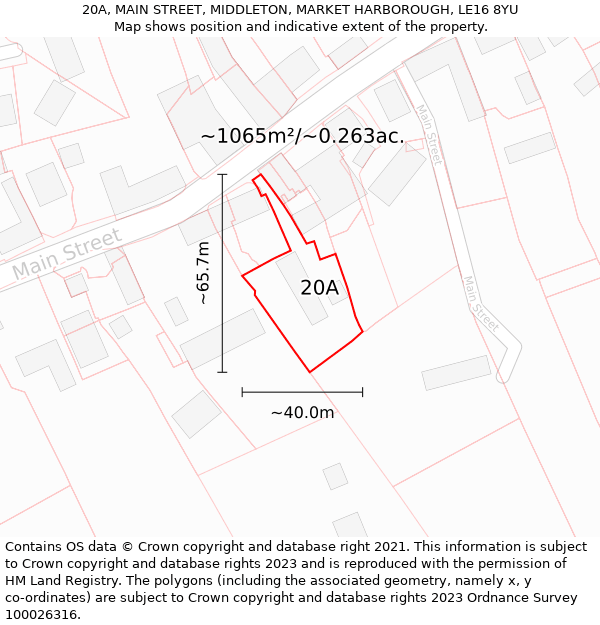 20A, MAIN STREET, MIDDLETON, MARKET HARBOROUGH, LE16 8YU: Plot and title map