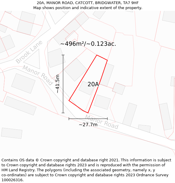 20A, MANOR ROAD, CATCOTT, BRIDGWATER, TA7 9HF: Plot and title map