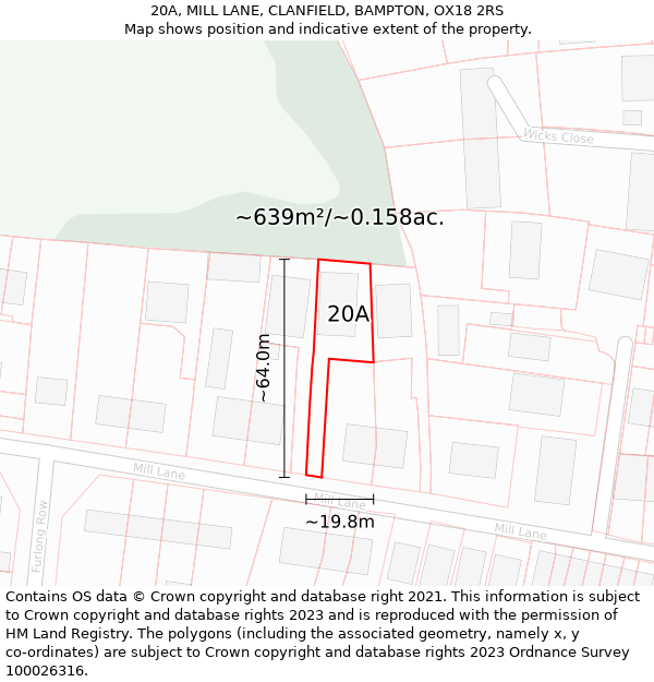 20A, MILL LANE, CLANFIELD, BAMPTON, OX18 2RS: Plot and title map