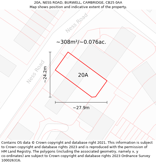 20A, NESS ROAD, BURWELL, CAMBRIDGE, CB25 0AA: Plot and title map