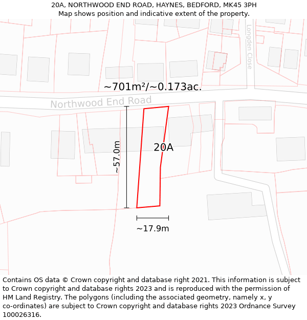 20A, NORTHWOOD END ROAD, HAYNES, BEDFORD, MK45 3PH: Plot and title map