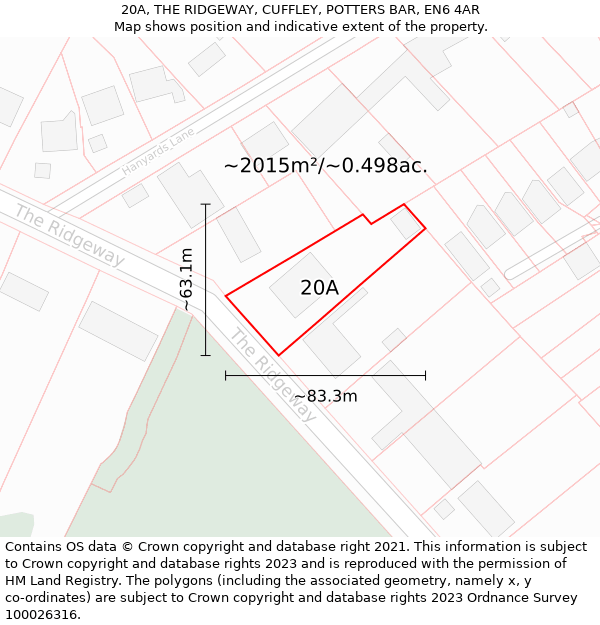 20A, THE RIDGEWAY, CUFFLEY, POTTERS BAR, EN6 4AR: Plot and title map