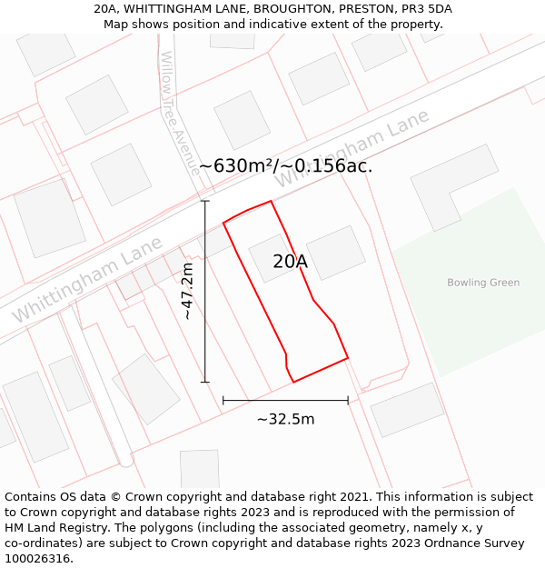 20A, WHITTINGHAM LANE, BROUGHTON, PRESTON, PR3 5DA: Plot and title map