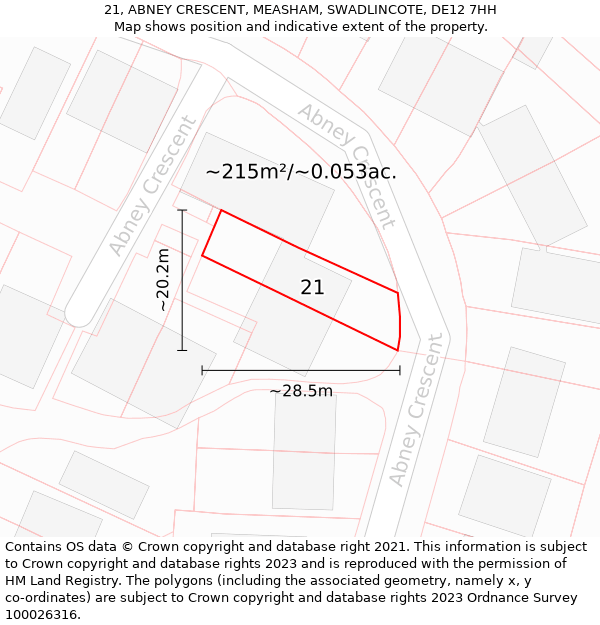 21, ABNEY CRESCENT, MEASHAM, SWADLINCOTE, DE12 7HH: Plot and title map