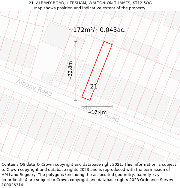 21, ALBANY ROAD, HERSHAM, WALTON-ON-THAMES, KT12 5QG: Plot and title map