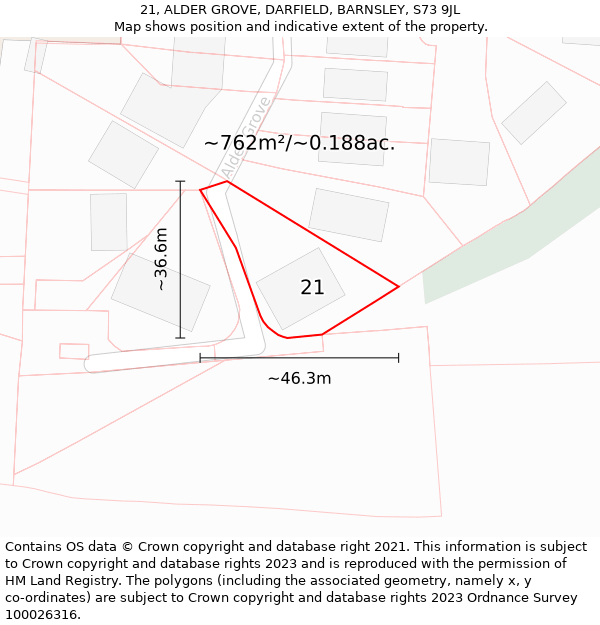 21, ALDER GROVE, DARFIELD, BARNSLEY, S73 9JL: Plot and title map