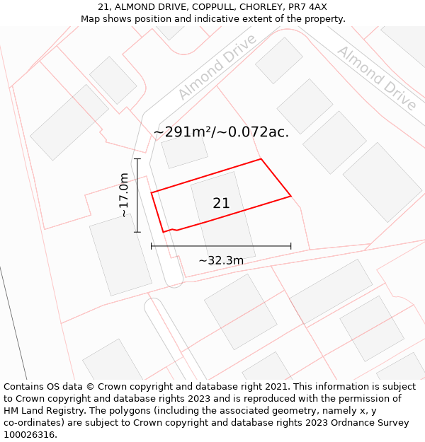 21, ALMOND DRIVE, COPPULL, CHORLEY, PR7 4AX: Plot and title map