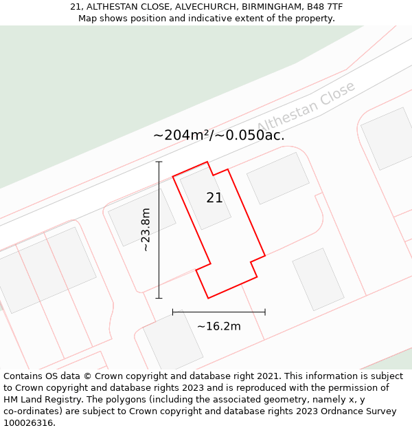 21, ALTHESTAN CLOSE, ALVECHURCH, BIRMINGHAM, B48 7TF: Plot and title map