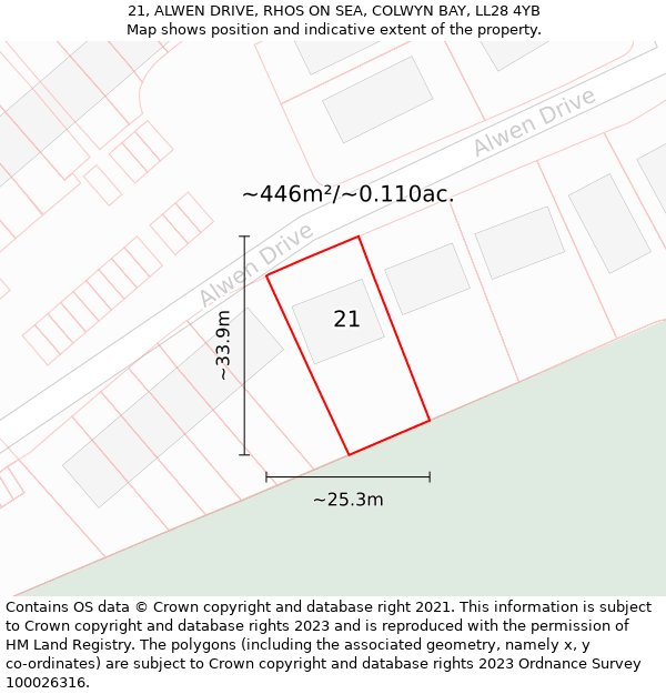 21, ALWEN DRIVE, RHOS ON SEA, COLWYN BAY, LL28 4YB: Plot and title map