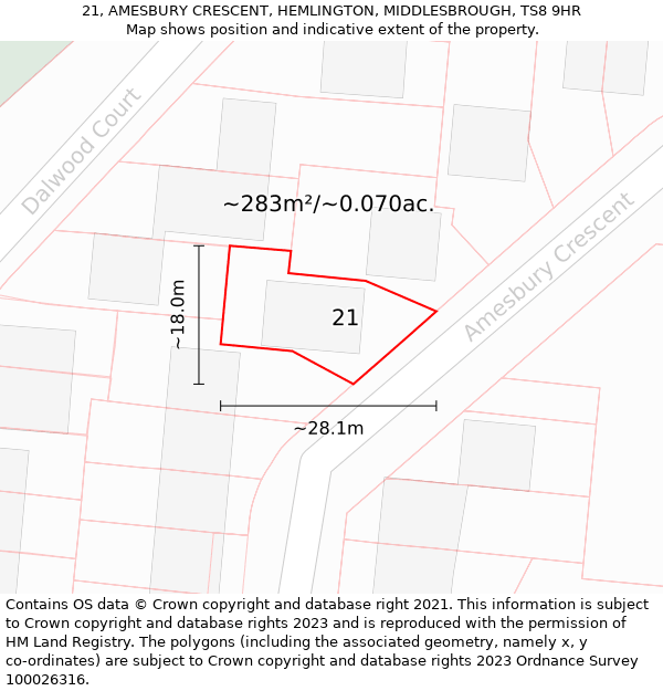 21, AMESBURY CRESCENT, HEMLINGTON, MIDDLESBROUGH, TS8 9HR: Plot and title map