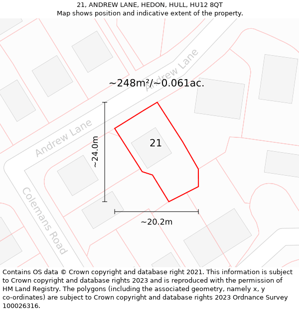21, ANDREW LANE, HEDON, HULL, HU12 8QT: Plot and title map