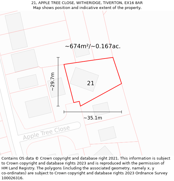 21, APPLE TREE CLOSE, WITHERIDGE, TIVERTON, EX16 8AR: Plot and title map