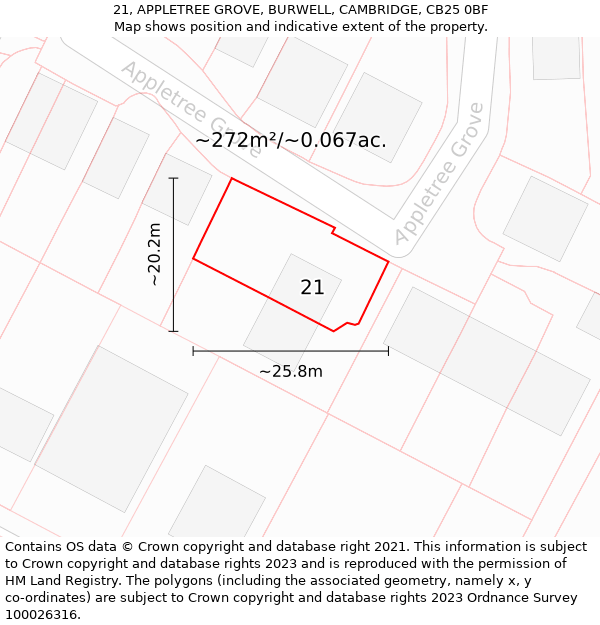 21, APPLETREE GROVE, BURWELL, CAMBRIDGE, CB25 0BF: Plot and title map