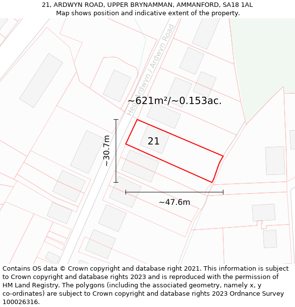 21, ARDWYN ROAD, UPPER BRYNAMMAN, AMMANFORD, SA18 1AL: Plot and title map