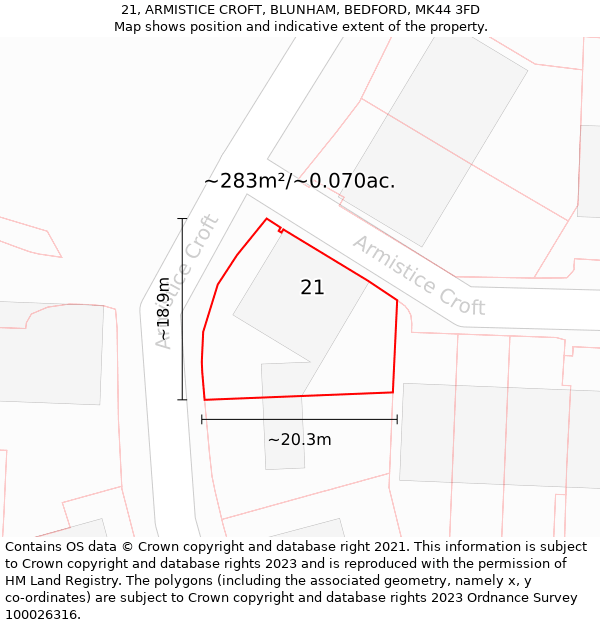 21, ARMISTICE CROFT, BLUNHAM, BEDFORD, MK44 3FD: Plot and title map