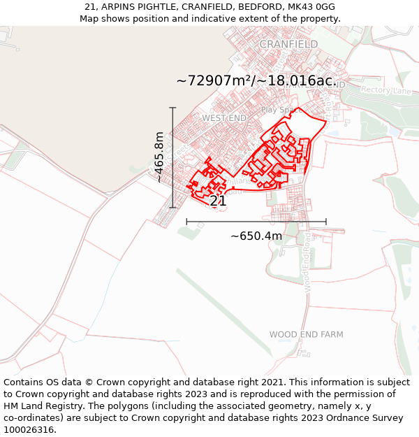 21, ARPINS PIGHTLE, CRANFIELD, BEDFORD, MK43 0GG: Plot and title map