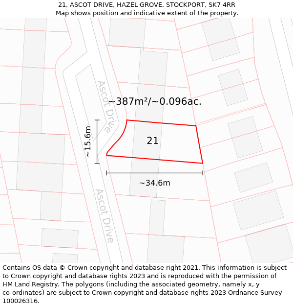 21, ASCOT DRIVE, HAZEL GROVE, STOCKPORT, SK7 4RR: Plot and title map