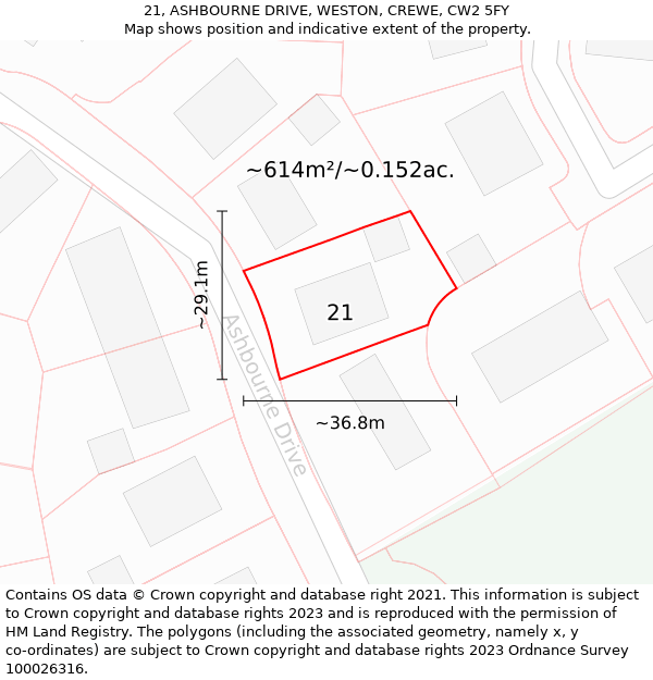 21, ASHBOURNE DRIVE, WESTON, CREWE, CW2 5FY: Plot and title map