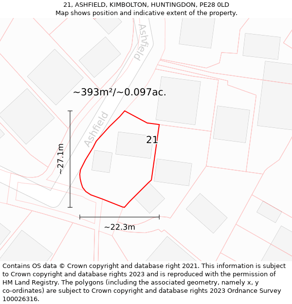 21, ASHFIELD, KIMBOLTON, HUNTINGDON, PE28 0LD: Plot and title map