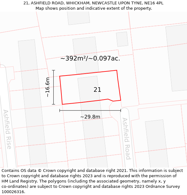 21, ASHFIELD ROAD, WHICKHAM, NEWCASTLE UPON TYNE, NE16 4PL: Plot and title map