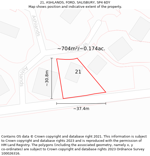 21, ASHLANDS, FORD, SALISBURY, SP4 6DY: Plot and title map