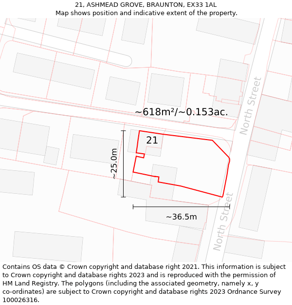 21, ASHMEAD GROVE, BRAUNTON, EX33 1AL: Plot and title map